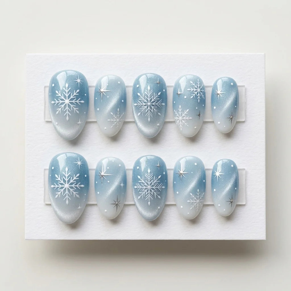 ice blue silver white cat eye almond press on nails winter snowflake glitter flat lay 04