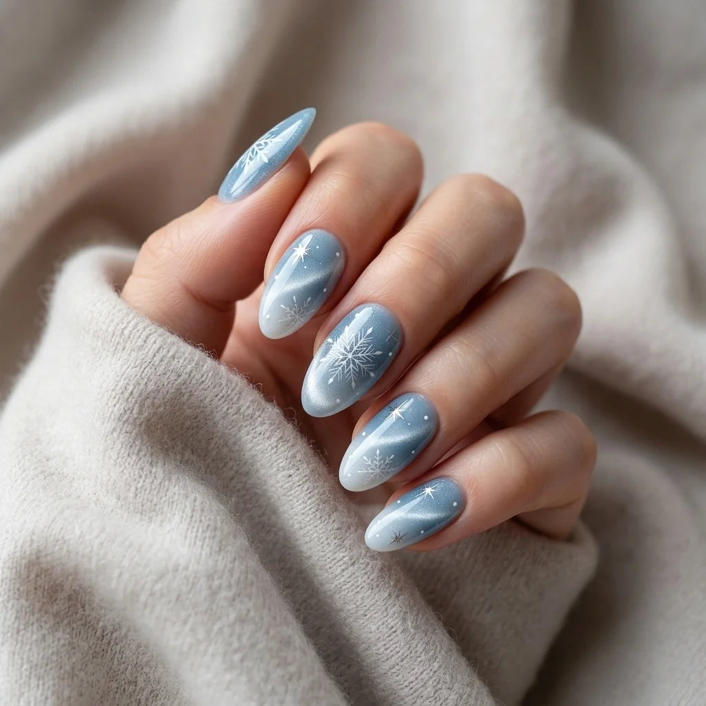 ice blue silver white cat eye almond press on nails winter snowflake glitter lifestyle 02