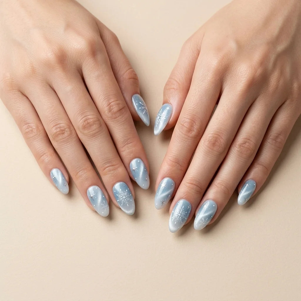 ice blue silver white cat eye almond press on nails winter snowflake glitter lifestyle 03