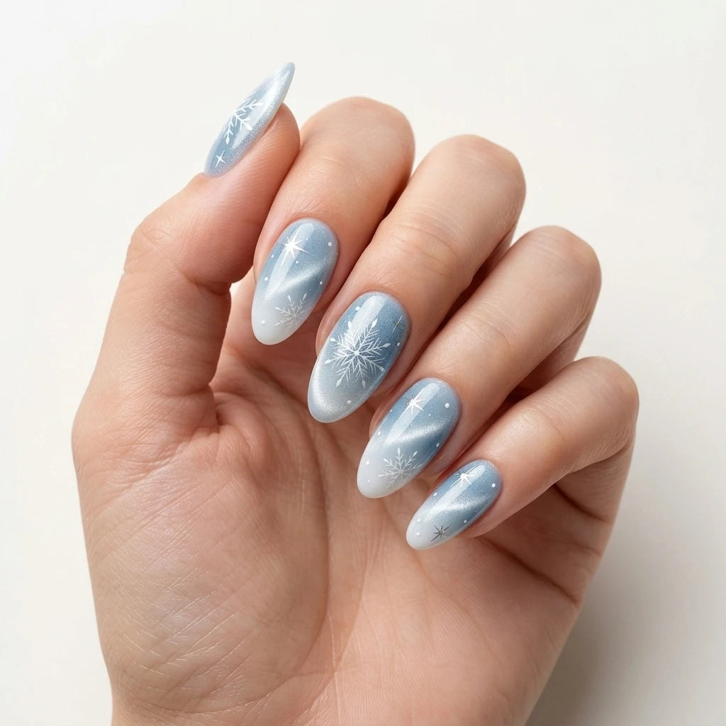 ice blue silver white cat eye almond press on nails winter snowflake glitter mockup 01