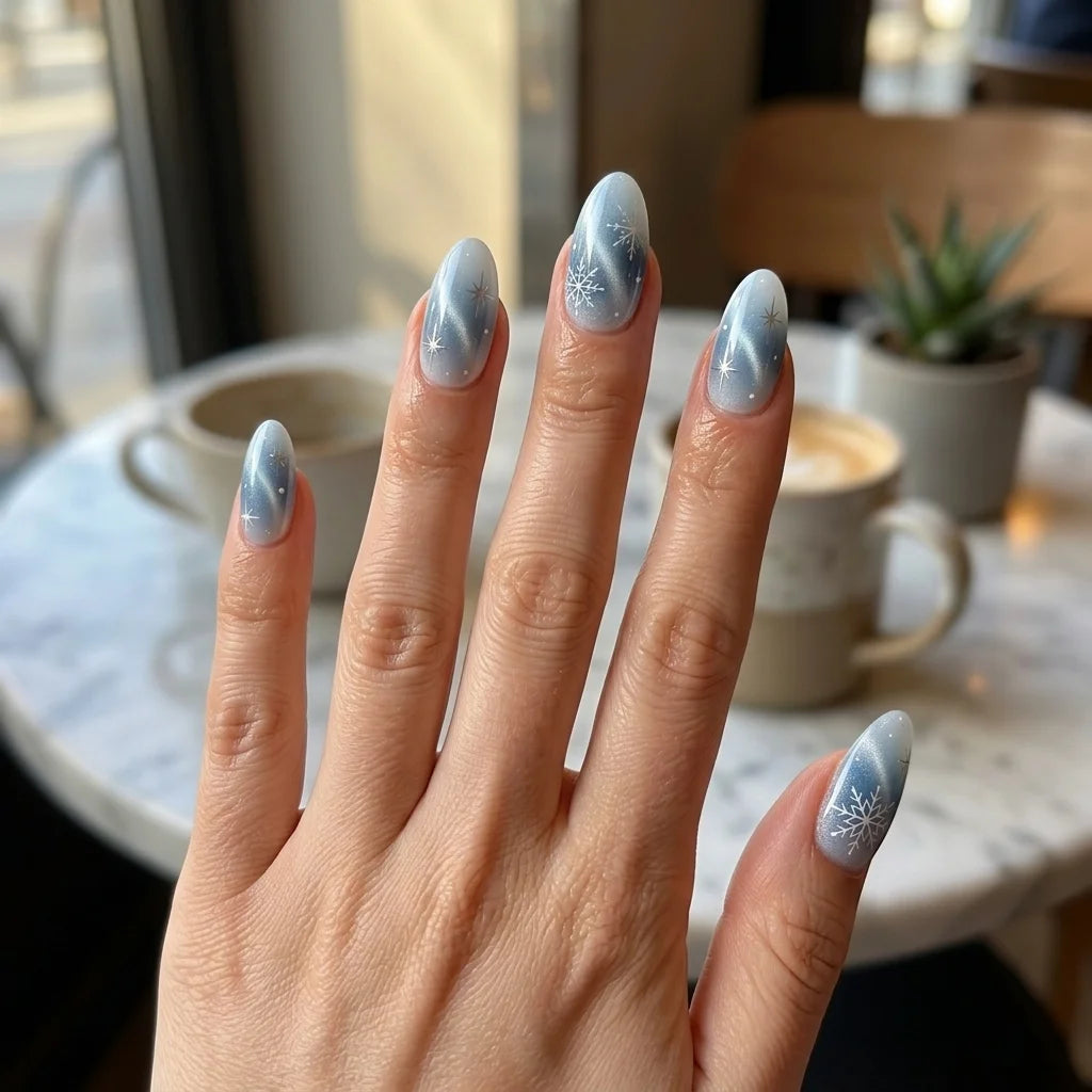 ice blue silver white ombre cat eye almond press on nails winter snowflake glitter detail 03