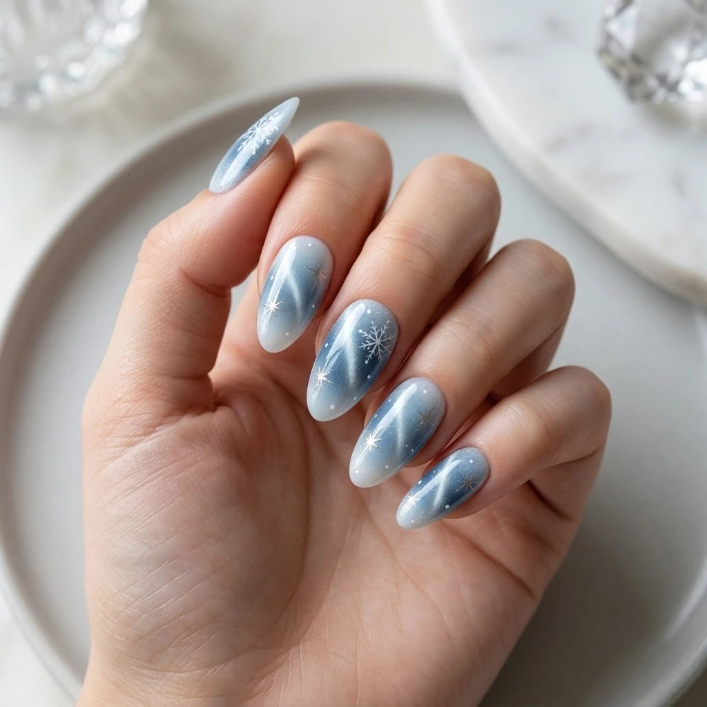 ice blue silver white ombre cat eye almond press on nails winter snowflake glitter lifestyle 02