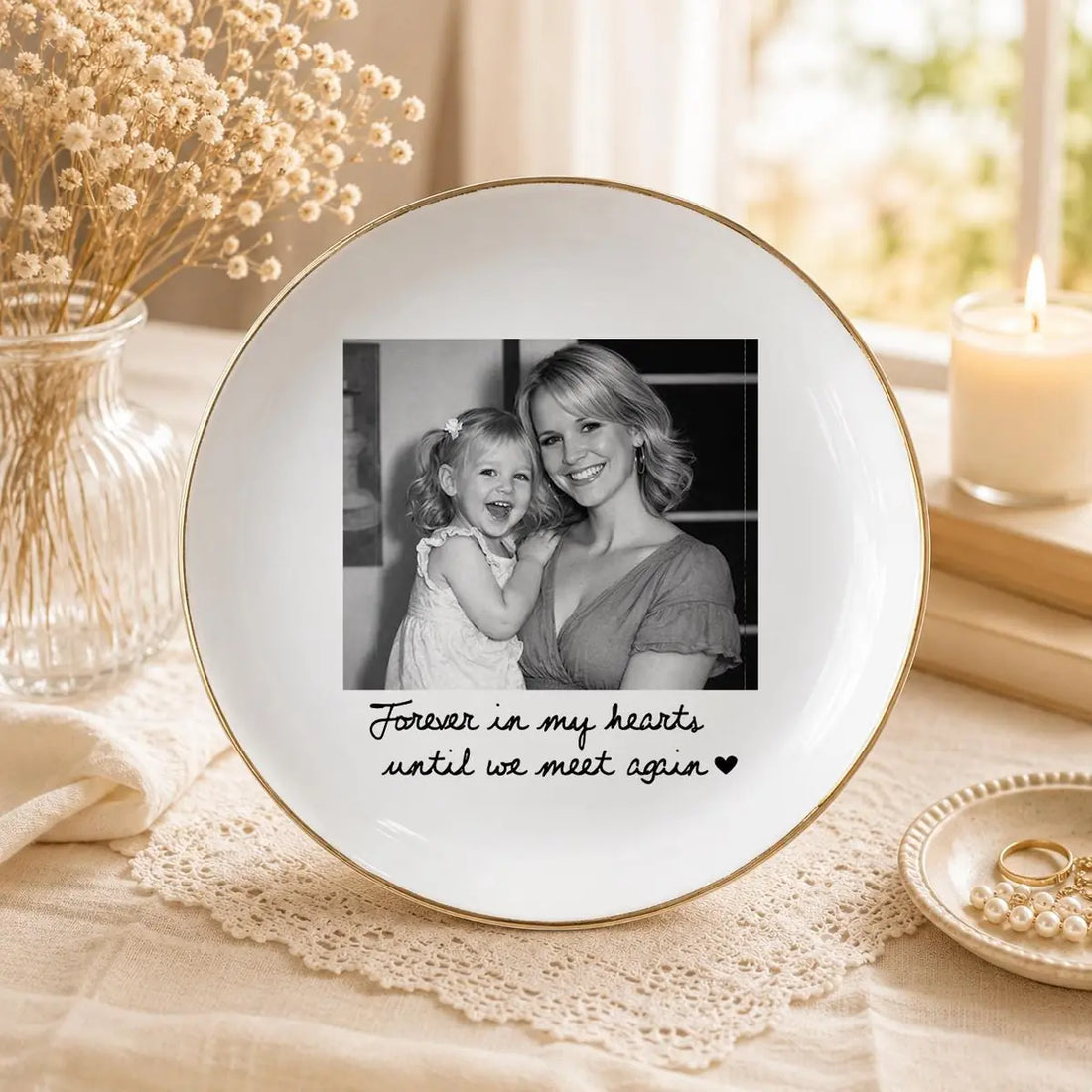 Custom photo memorial ring dish displayed elegantly on wooden bedroom nightstand