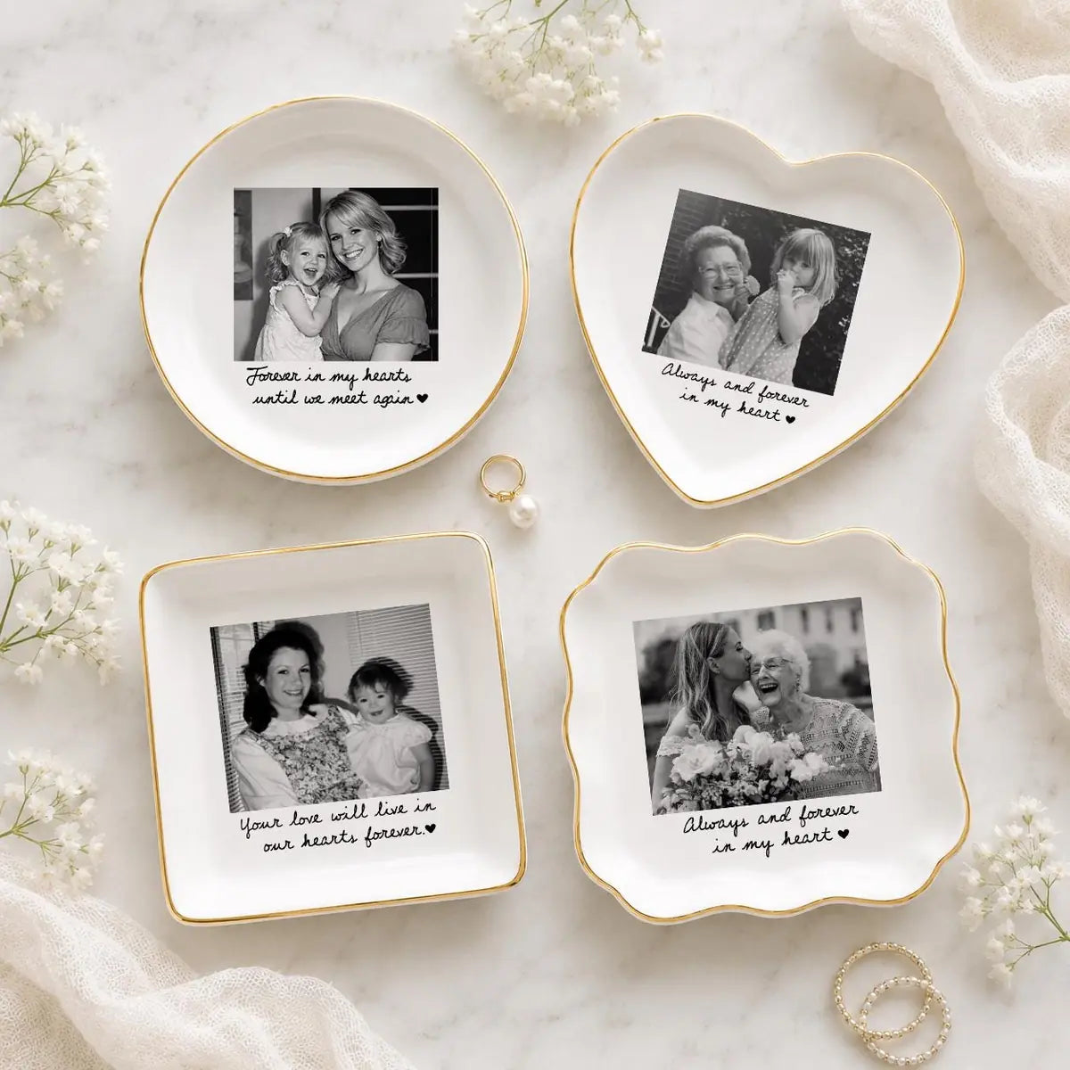 Personalized ceramic ring dish with custom photo and text for memorial, main front view