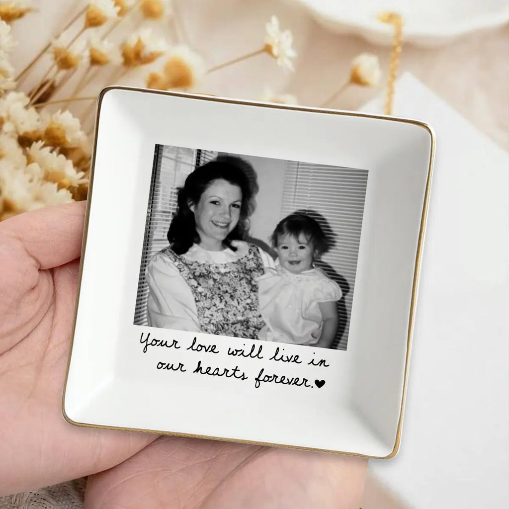 Custom photo memorial ring dish displayed elegantly on wooden bedroom nightstand