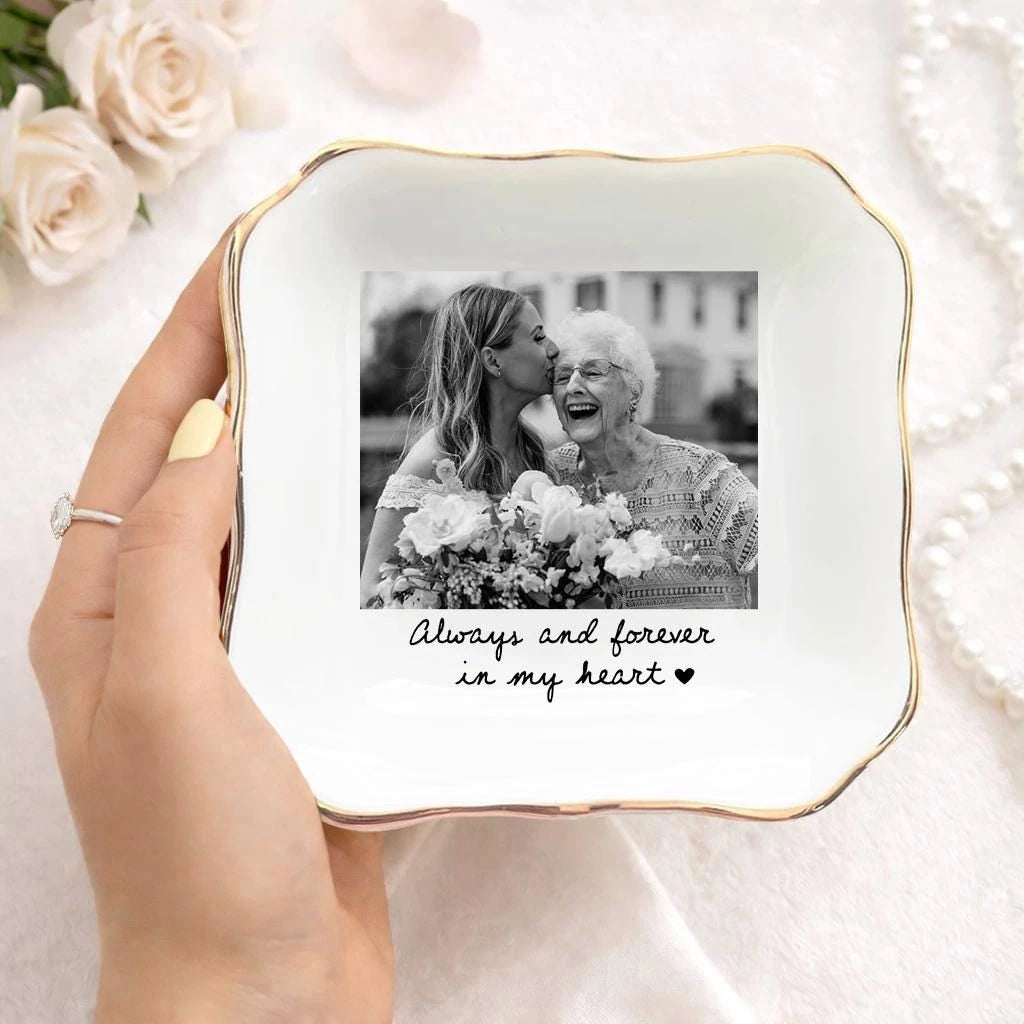 Custom photo memorial ring dish displayed elegantly on wooden bedroom nightstand