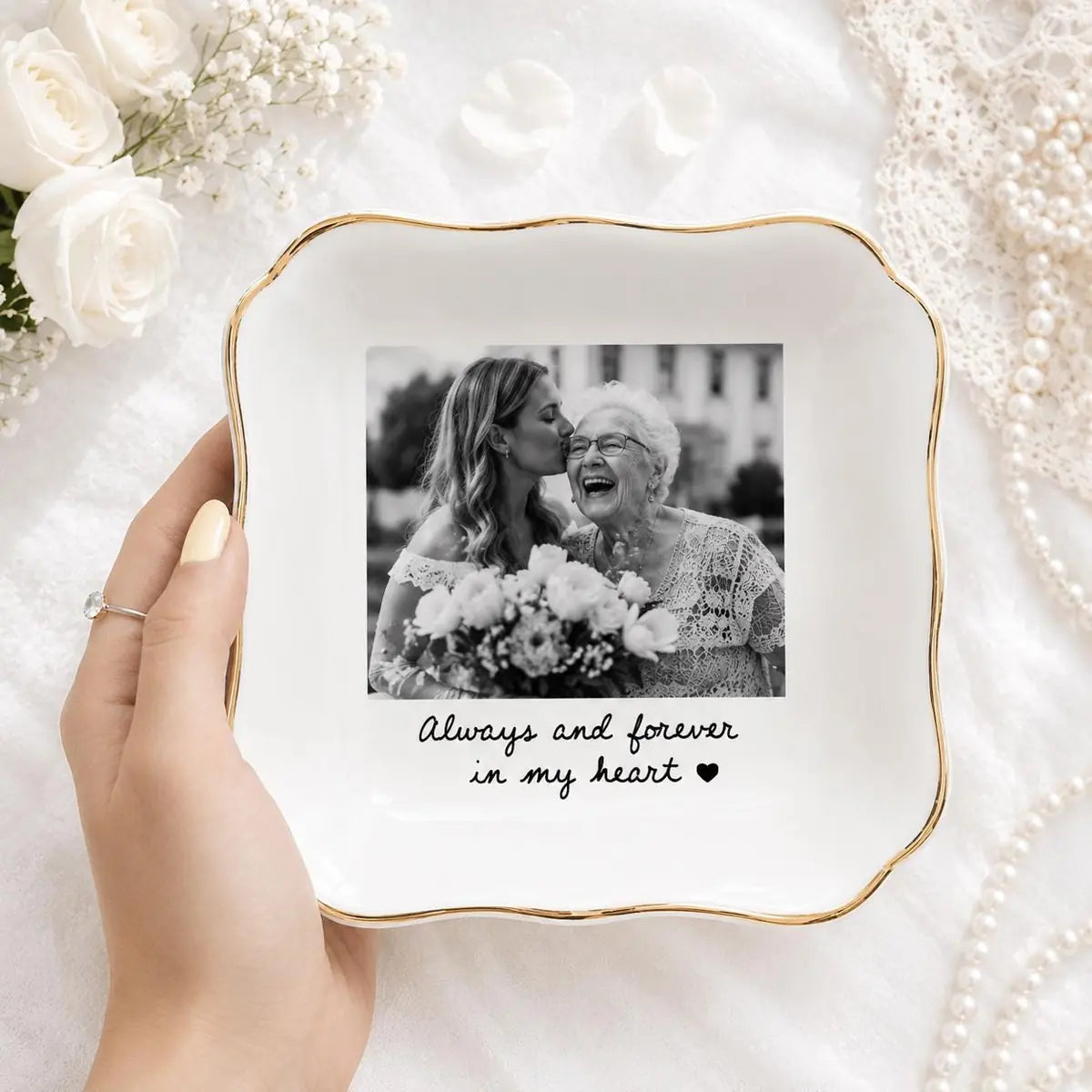 Custom photo memorial ring dish displayed elegantly on wooden bedroom nightstand