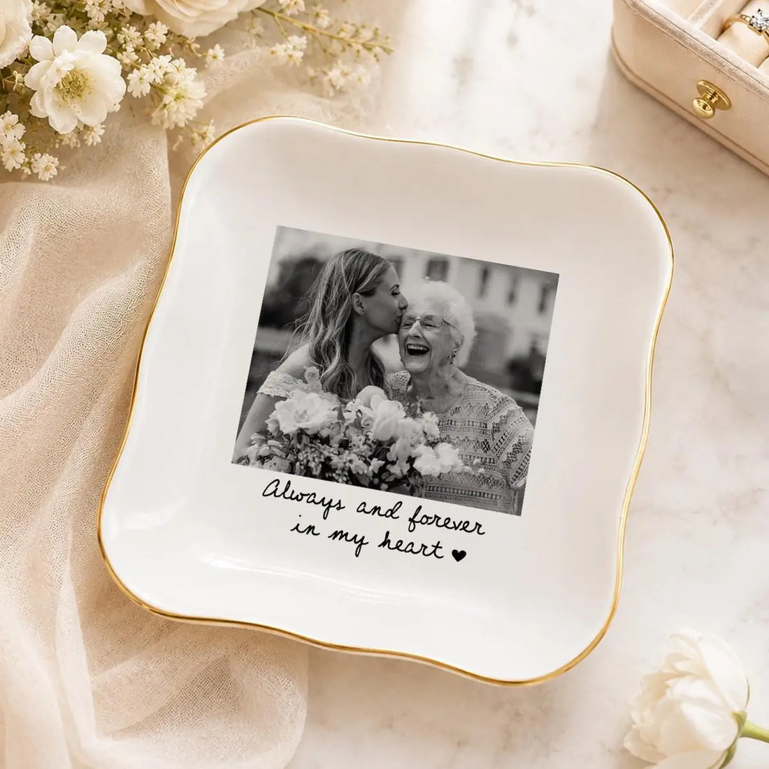 Custom photo memorial ring dish displayed elegantly on wooden bedroom nightstand