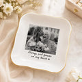 Custom photo memorial ring dish displayed elegantly on wooden bedroom nightstand