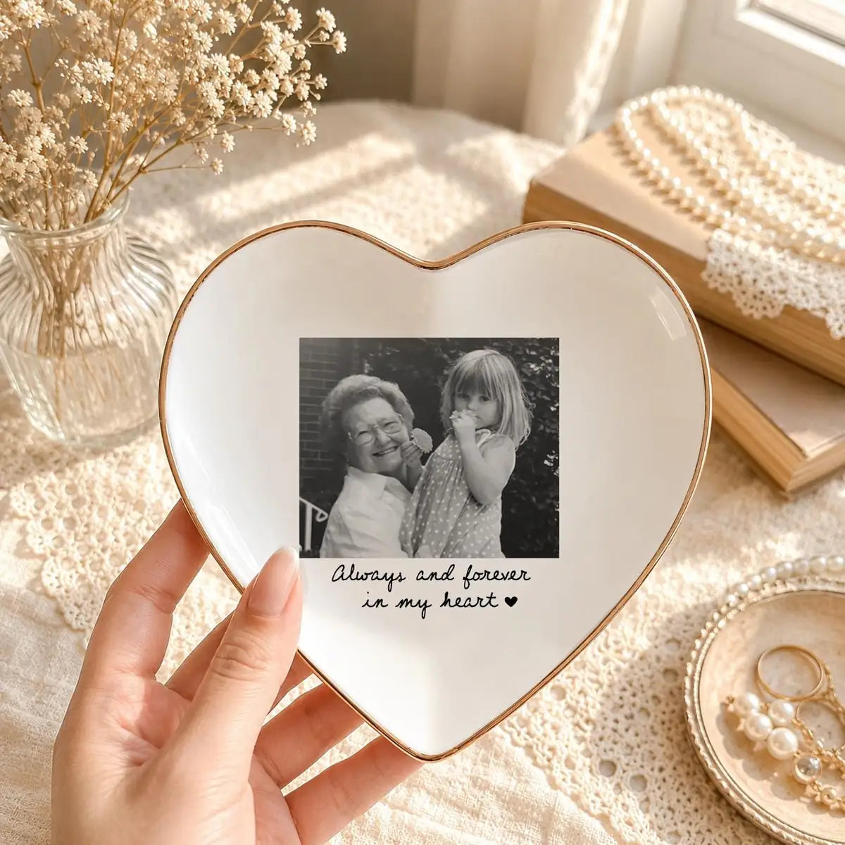 Custom photo memorial ring dish displayed elegantly on wooden bedroom nightstand