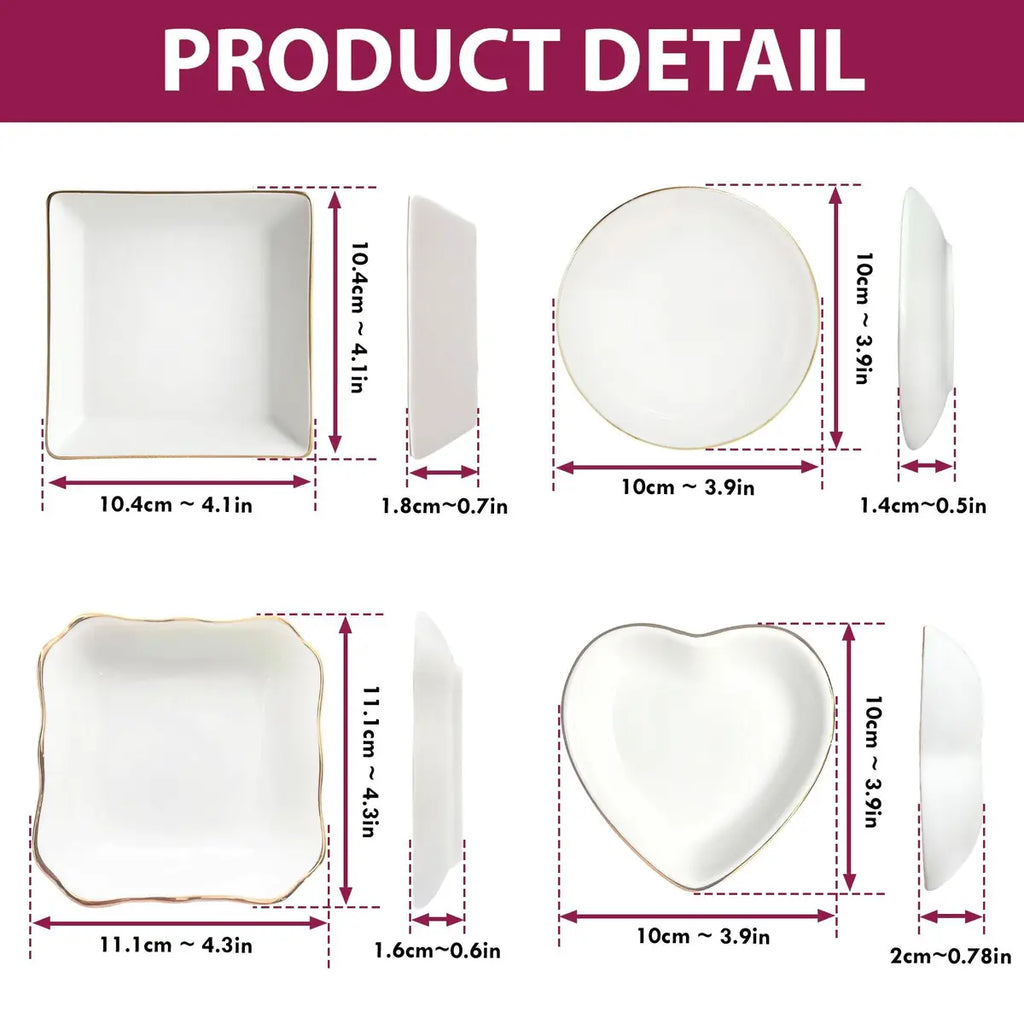 Shape and size options chart showing round, square, heart and scalloped ceramic ring dishes for memorial