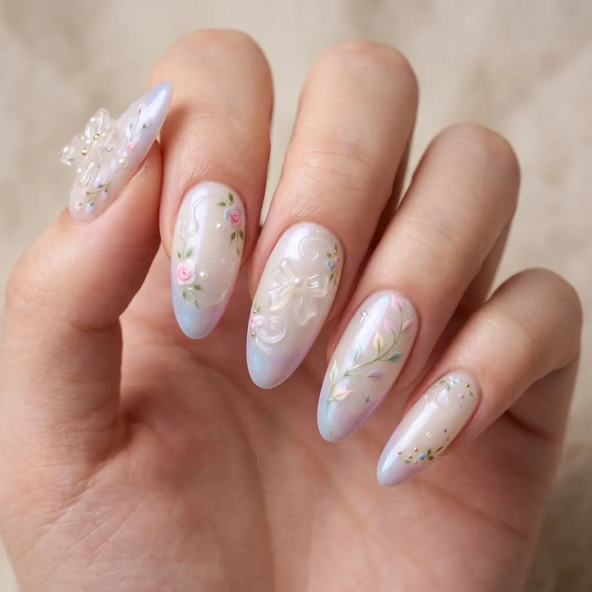 ivory 3d french tip almond press on nails crystal bow butterfly lifestyle 02