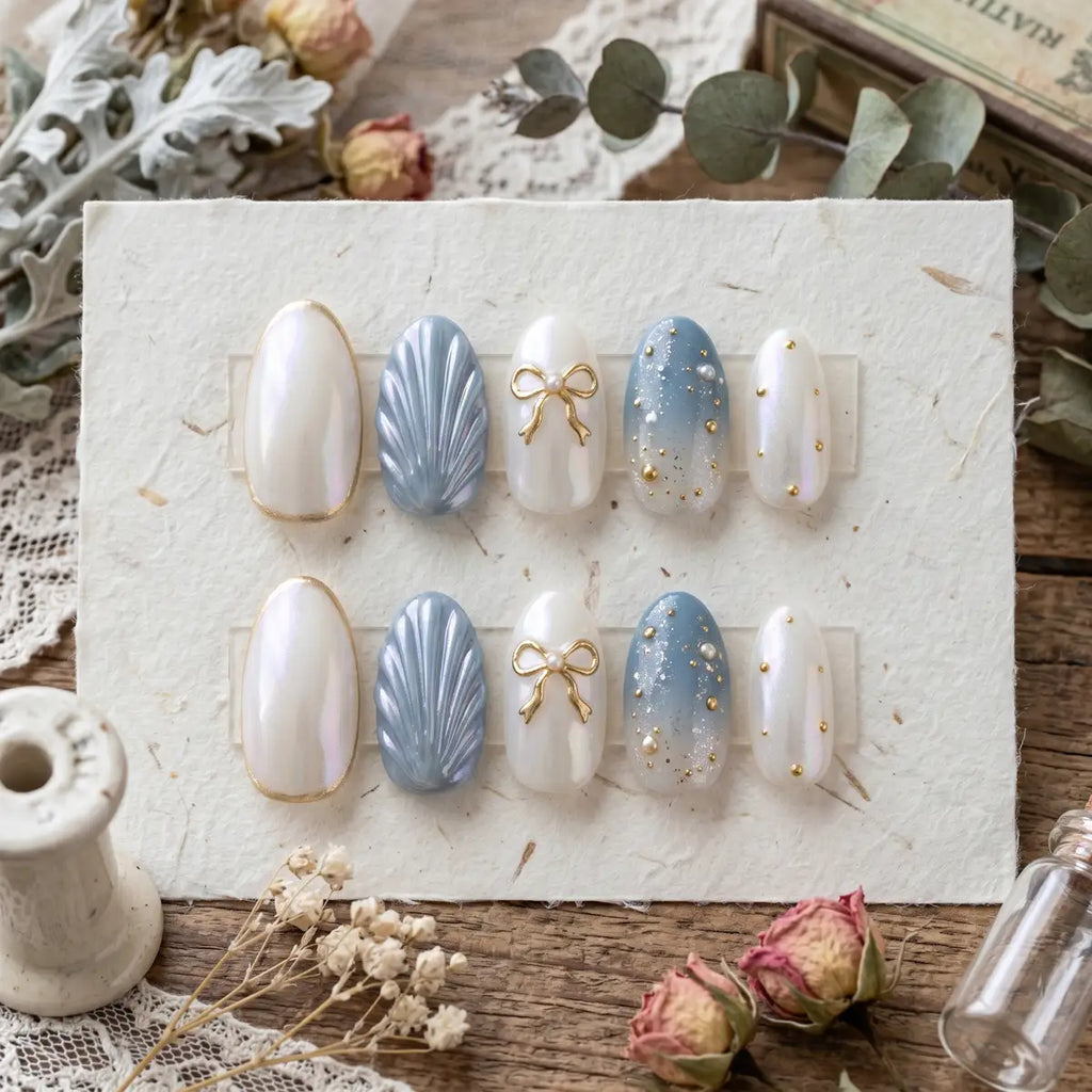 ivory blue gold 3d chrome oval press on nails seashell ribbon pearl mockup 01
