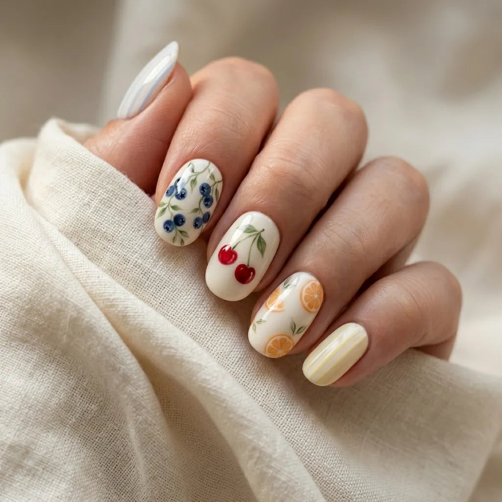 ivory hand painted oval press on nails blueberry cherry orange fruit flat lay 03