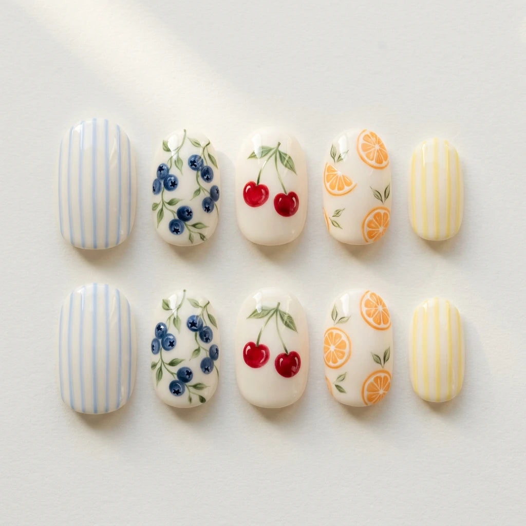 ivory hand painted oval press on nails blueberry cherry orange fruit lifestyle 02