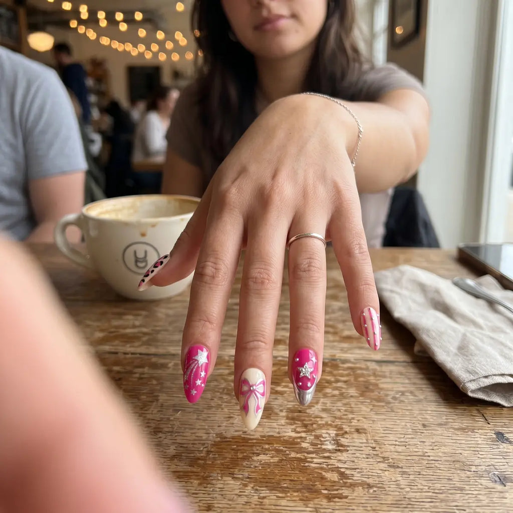 ivory pink hand painted chrome french tip almond press on nails silver star bow ribbon detail 03