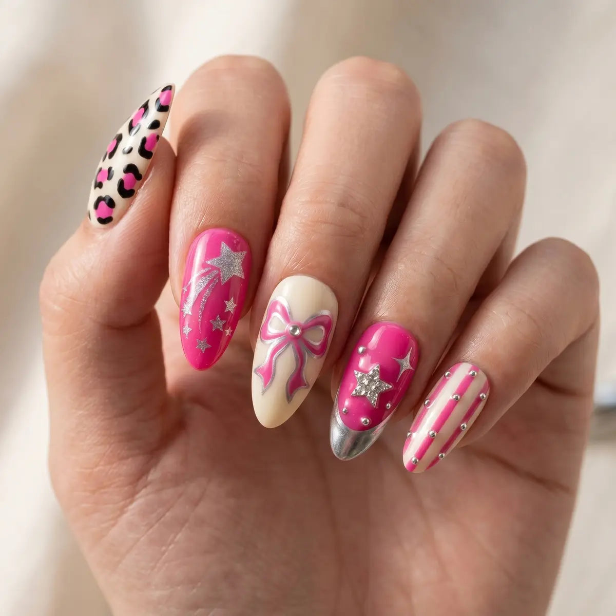 ivory pink hand painted chrome french tip almond press on nails silver star bow ribbon lifestyle 02