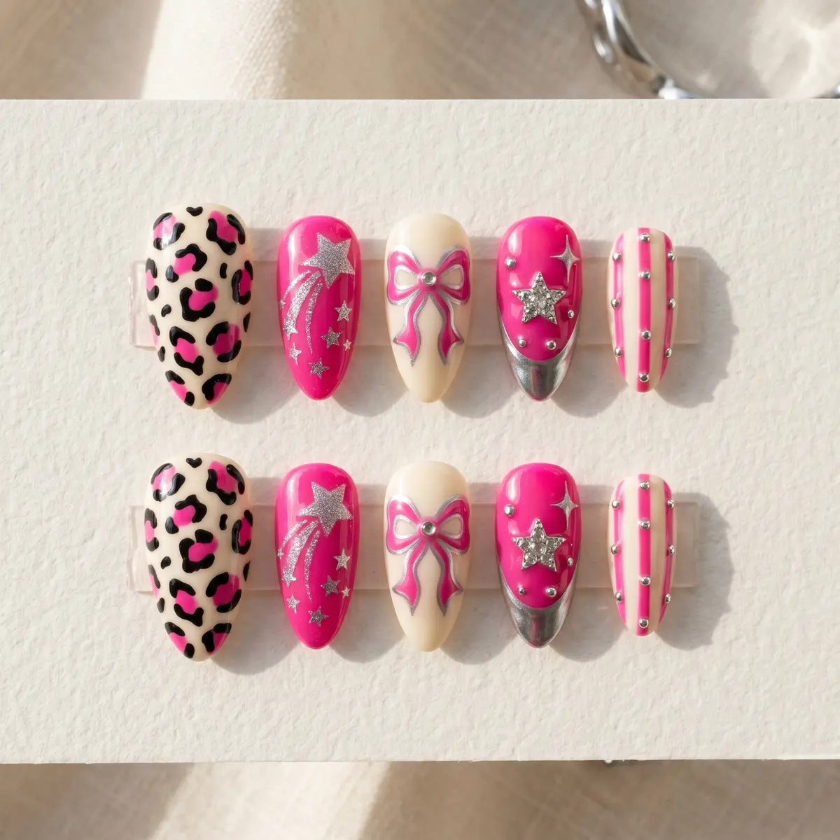 ivory pink hand painted chrome french tip almond press on nails silver star bow ribbon mockup 01