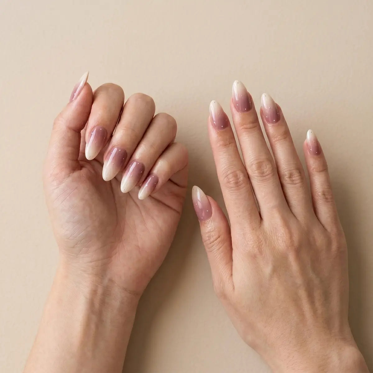 ivory pink ombre almond long press on nails chrome shimmer flat lay 02