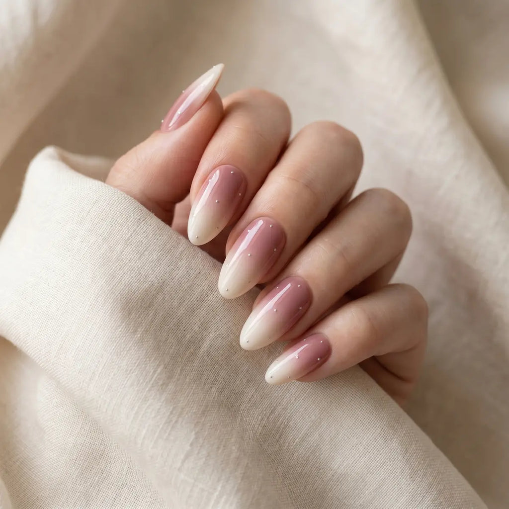 ivory pink ombre almond long press on nails chrome shimmer lifestyle 01