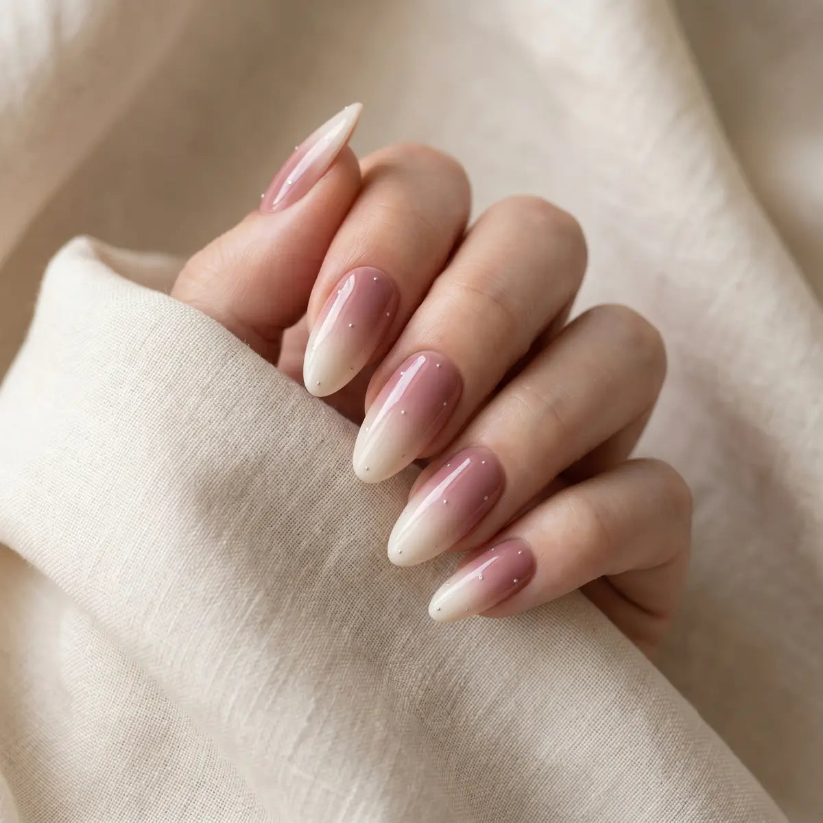 ivory pink ombre almond long press on nails chrome shimmer lifestyle 01