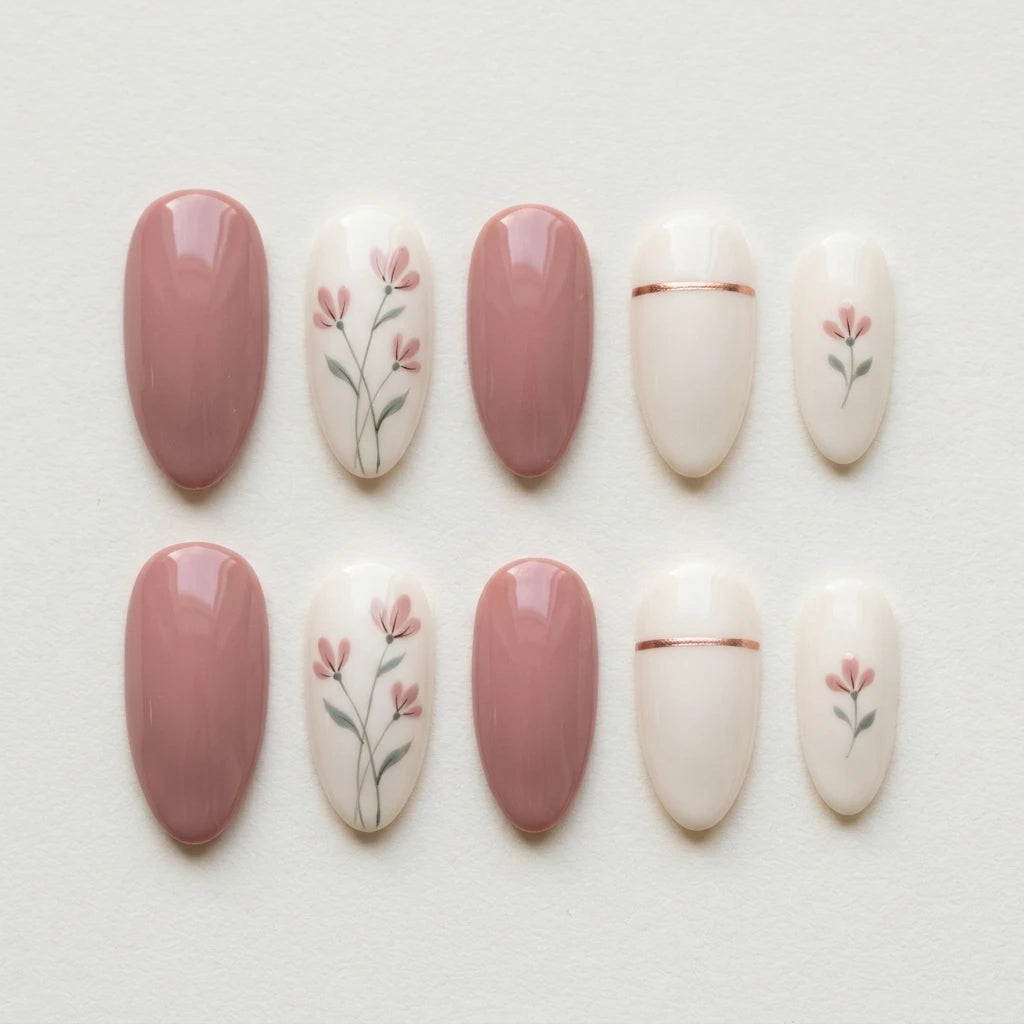 ivory rose hand painted almond long press on nails dainty floral detail 01