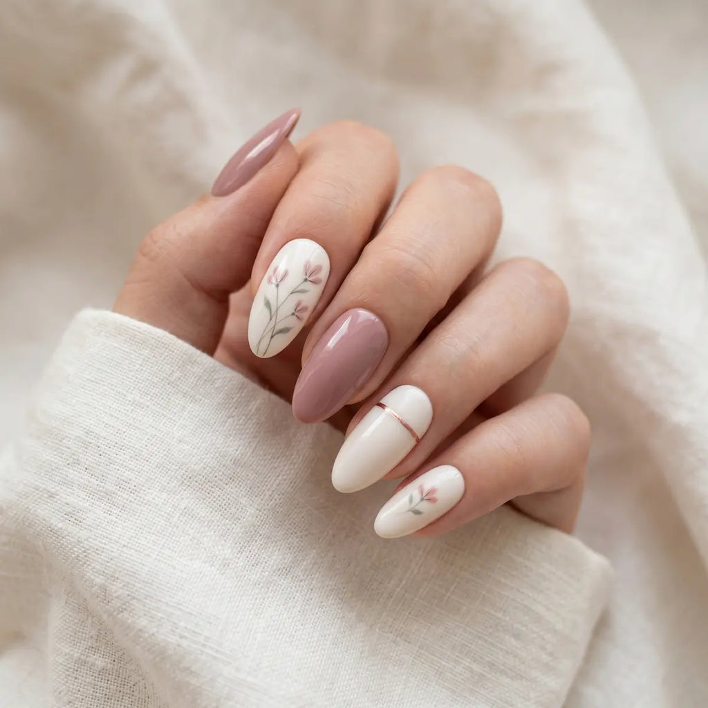ivory rose hand painted almond long press on nails dainty floral lifestyle 01