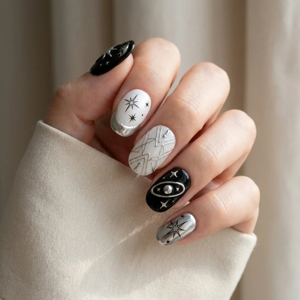 jet black milky white silver 3d y2k oval press on nails star planet stud detail 03