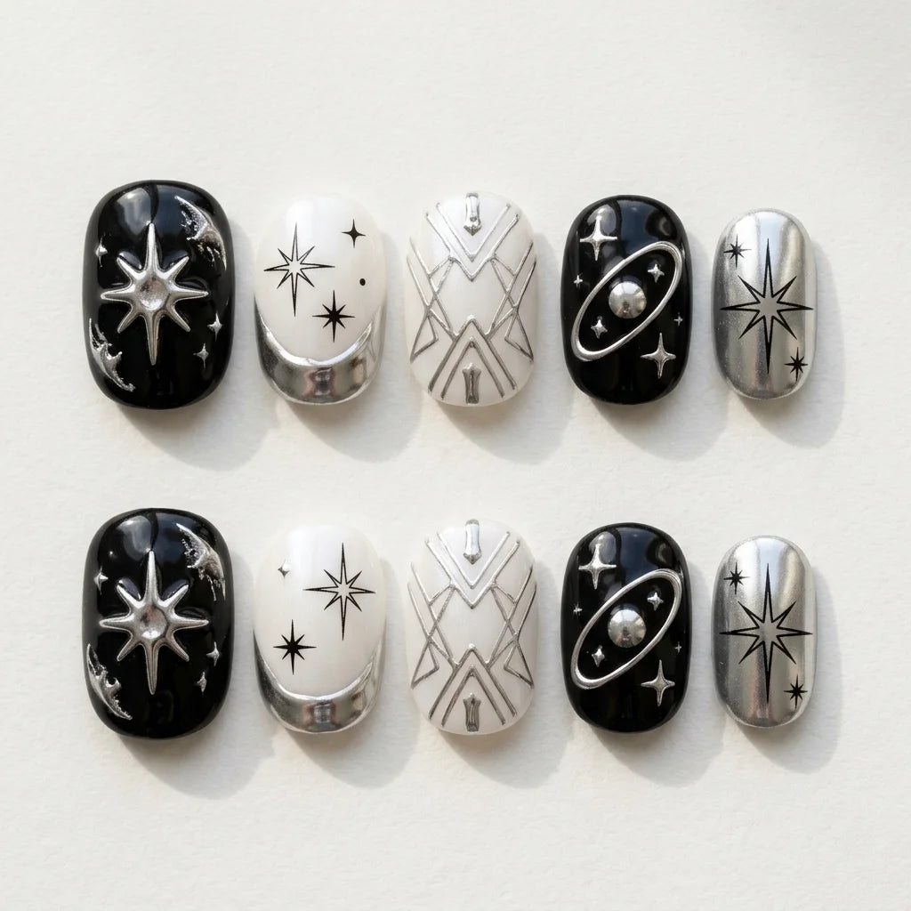 jet black milky white silver 3d y2k oval press on nails star planet stud flat lay 04