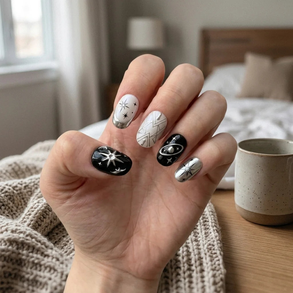 jet black milky white silver 3d y2k oval press on nails star planet stud lifestyle 02
