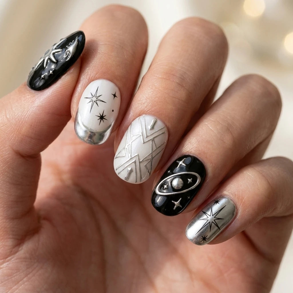 jet black milky white silver 3d y2k oval press on nails star planet stud lifestyle 03