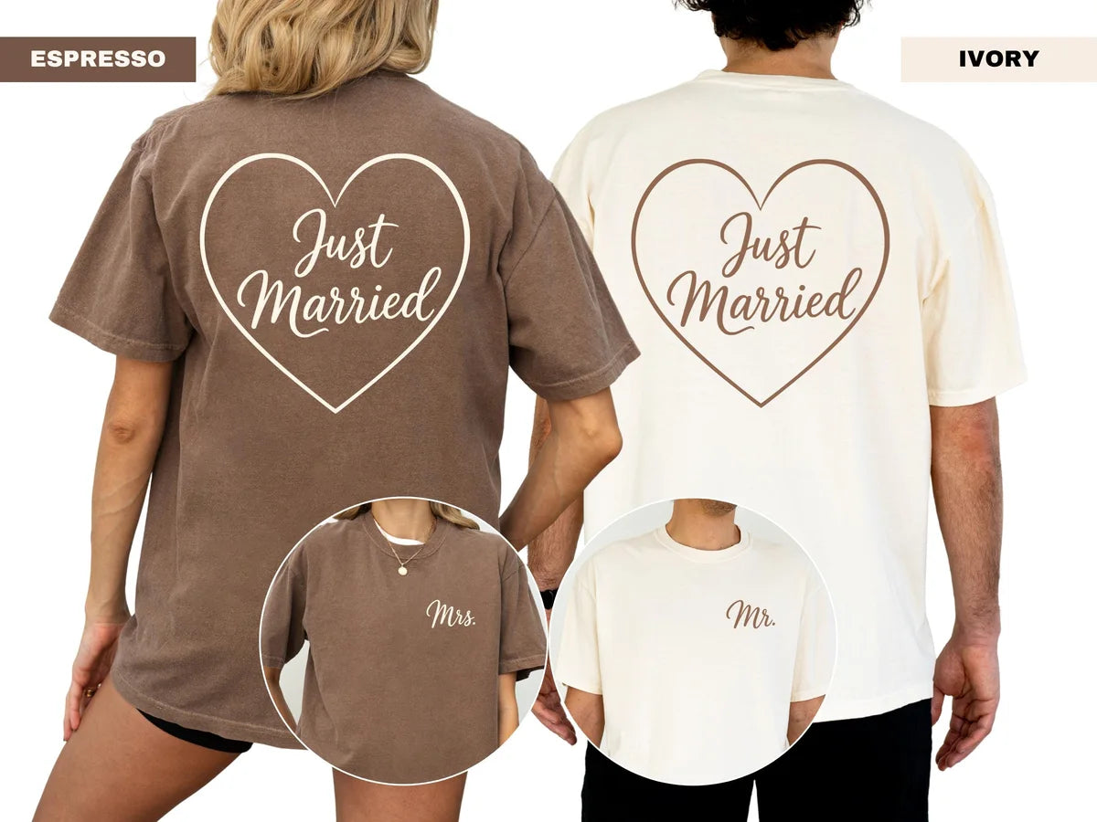 Couple seen from behind in Espresso and Ivory Comfort Colors tees with just married heart outlines and small chest insets