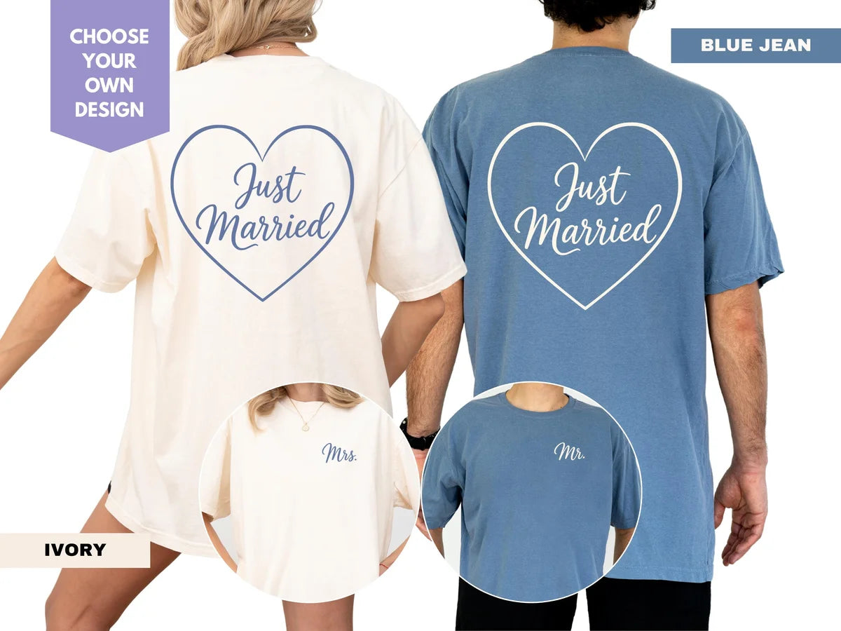 Couple seen from behind in Ivory and Blue Jean Comfort Colors tees with just married hearts and small Mrs. and Mr. insets