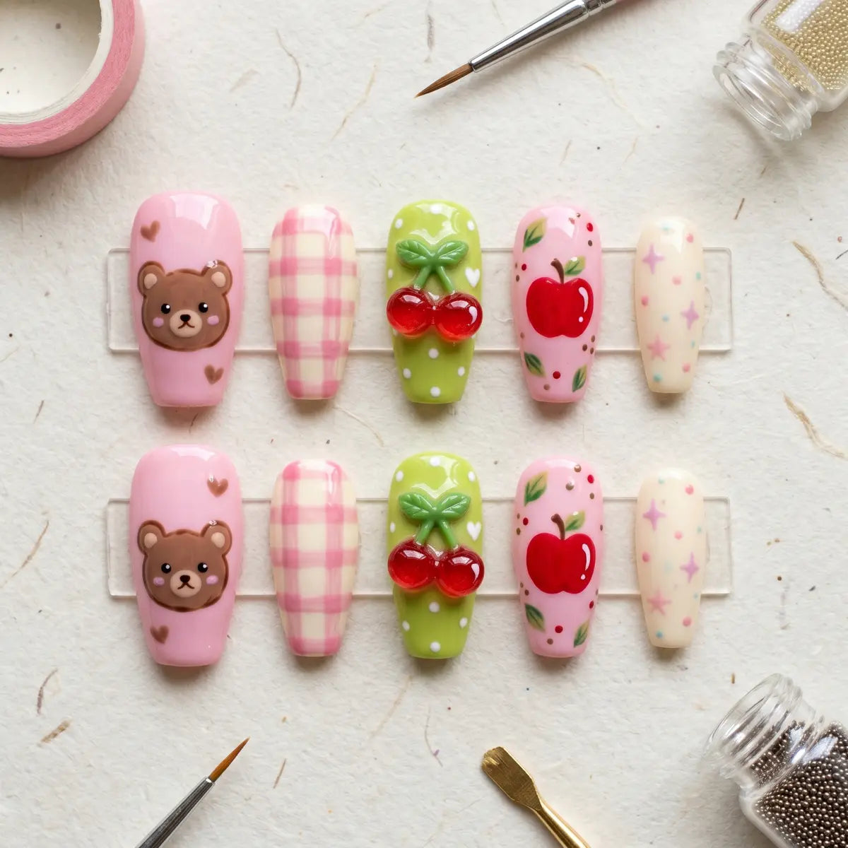 kawaii pastel 3d coffin long press on nails bear cherry apple flat lay 01