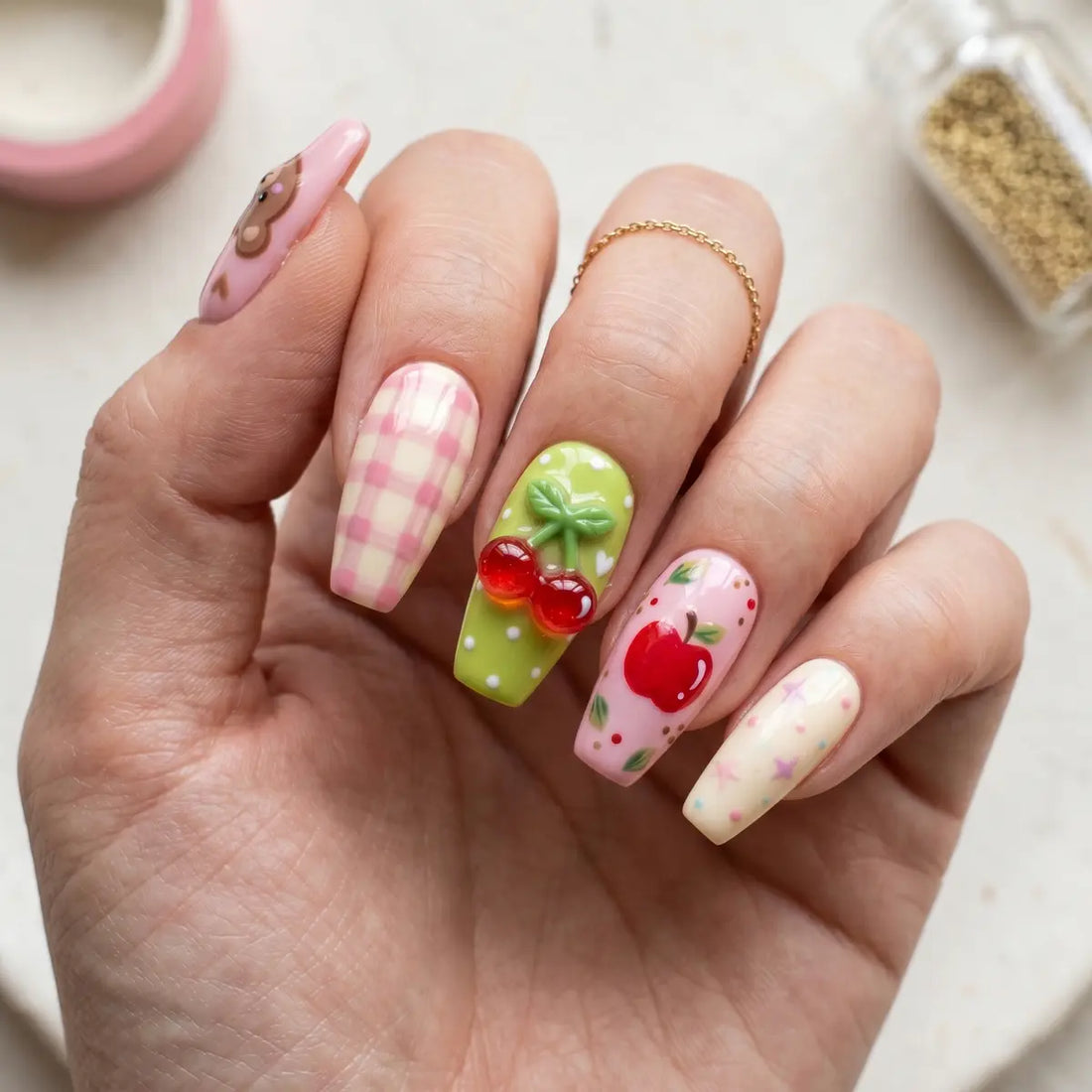 kawaii pastel 3d coffin long press on nails bear cherry apple lifestyle 01