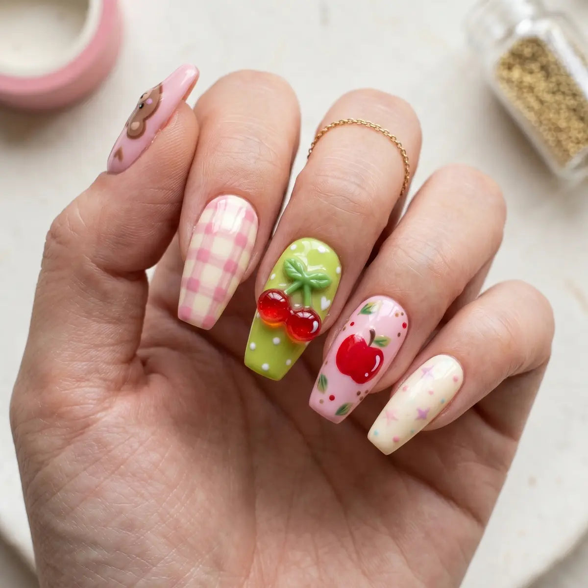 kawaii pastel 3d coffin long press on nails bear cherry apple lifestyle 01