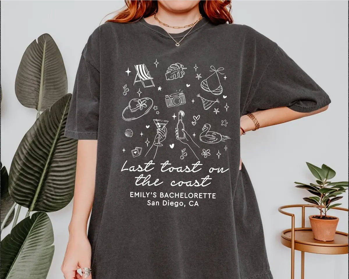 Last Toast On The Coast Social Club - Custom Name and Location - Bachelorette Party Comfort Colors T-Shirt - Comfort Colors T-Shirt Mockup Image