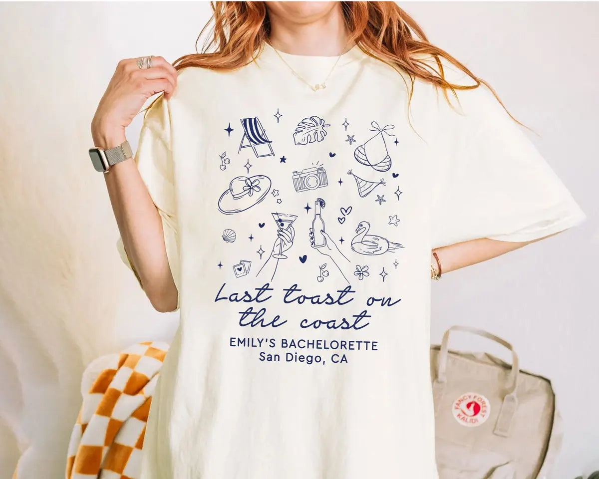 Last Toast On The Coast Social Club - Custom Name and Location - Bachelorette Party Comfort Colors T-Shirt - Comfort Colors T-Shirt Mockup Image