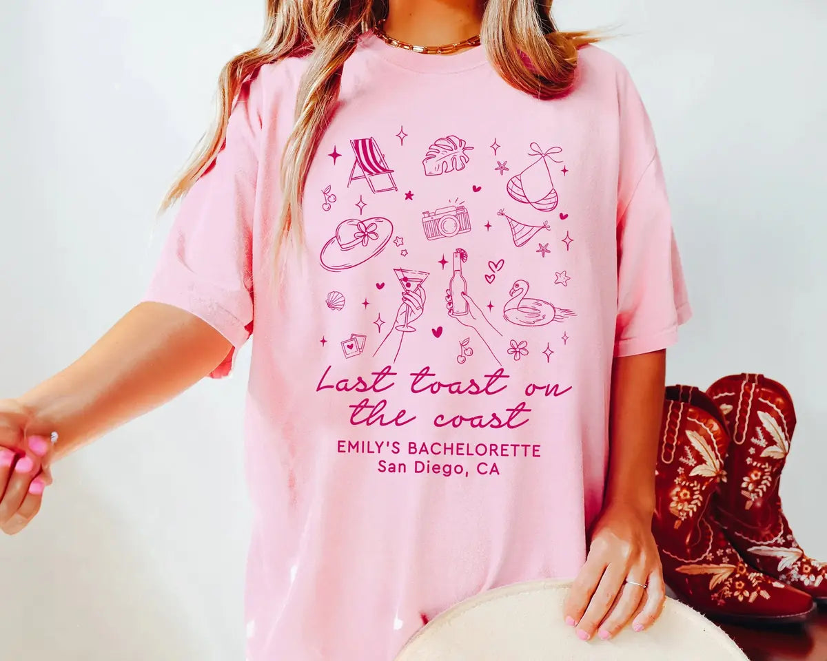 Last Toast On The Coast Social Club - Custom Name and Location - Bachelorette Party Comfort Colors T-Shirt - Comfort Colors T-Shirt Mockup Image