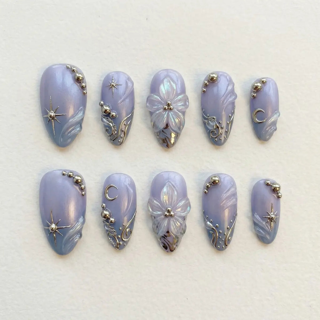 lavender chrome almond press on nails 3d flower silver star moon flat lay 01