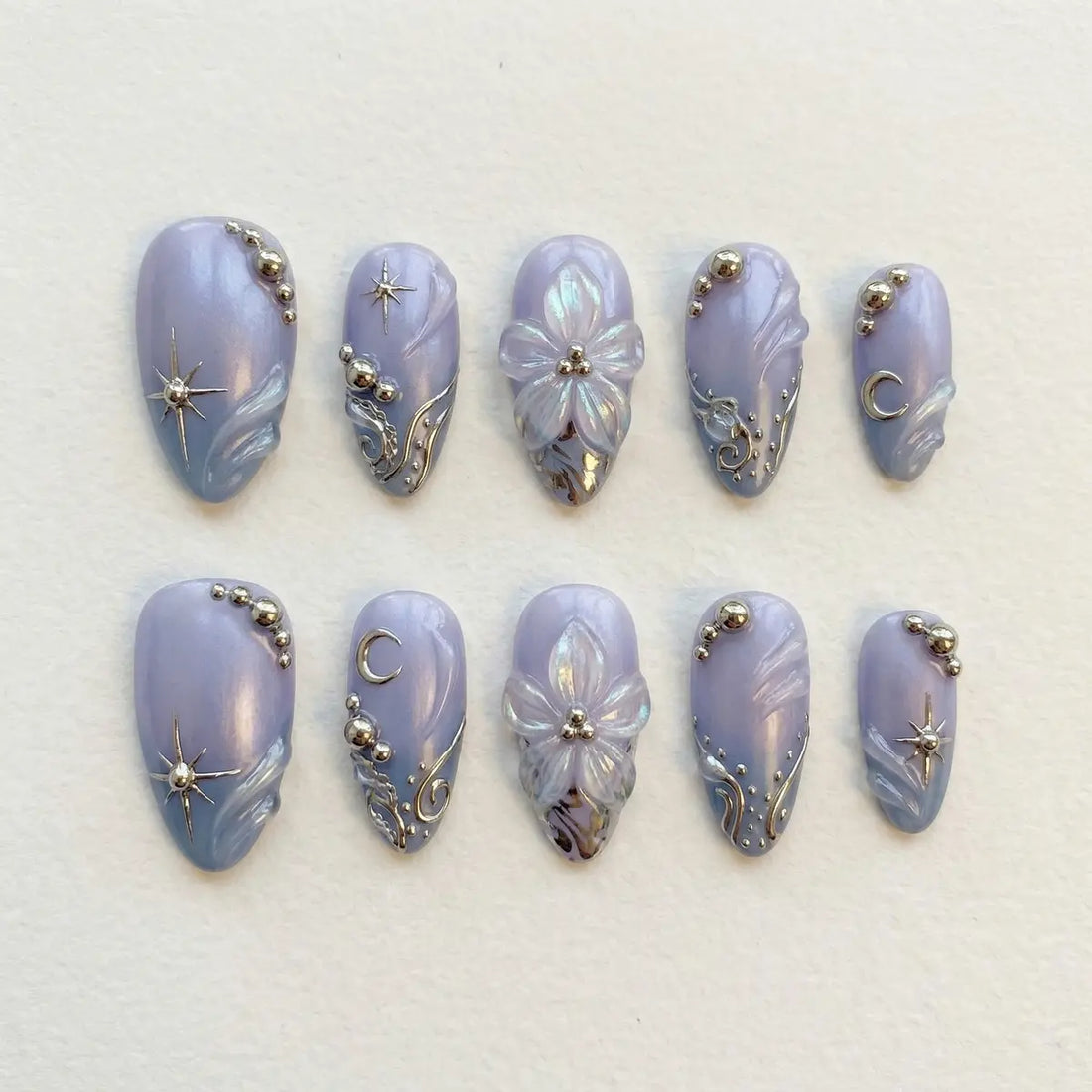 lavender chrome almond press on nails 3d flower silver star moon lifestyle 02