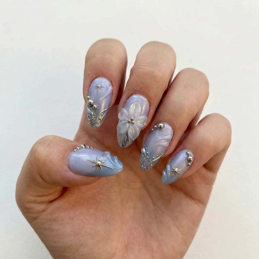 lavender chrome almond press on nails 3d flower silver star moon lifestyle 02
