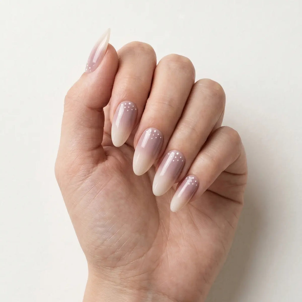 lavender dew ombre almond long press on nails white dot flat lay 01