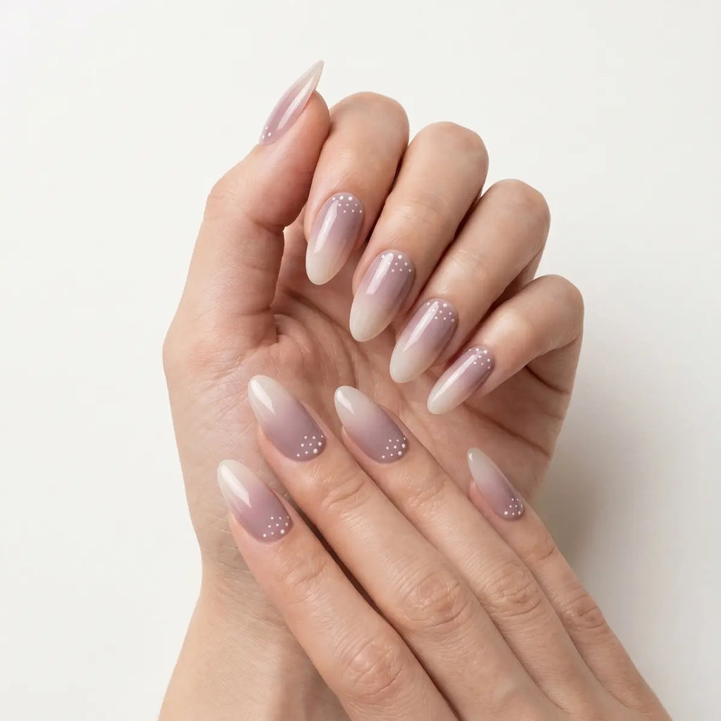 lavender dew ombre almond long press on nails white dot lifestyle 01