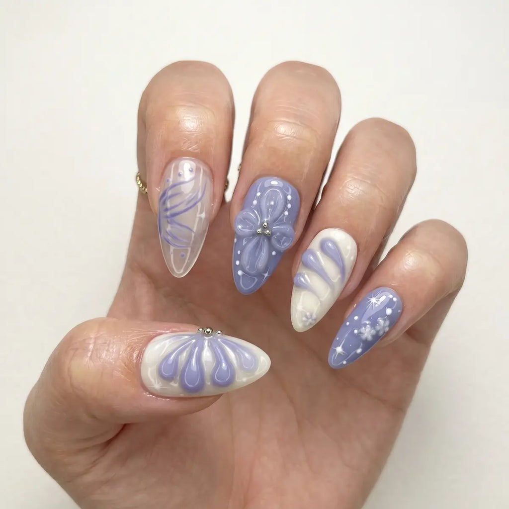 lavender ivory 3d hand painted almond press on nails peony bloom swirl lifestyle 02