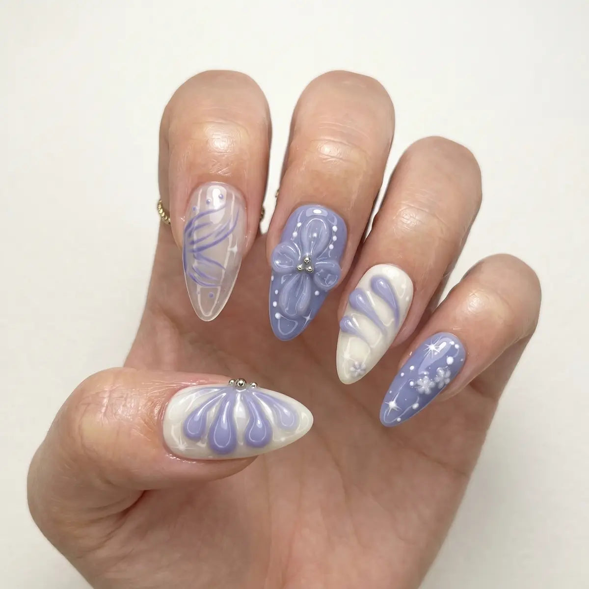 lavender ivory 3d hand painted almond press on nails peony bloom swirl lifestyle 02