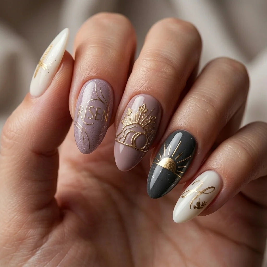 lavender mauve charcoal 3d easter almond press on nails cross sun lettering flat lay 01