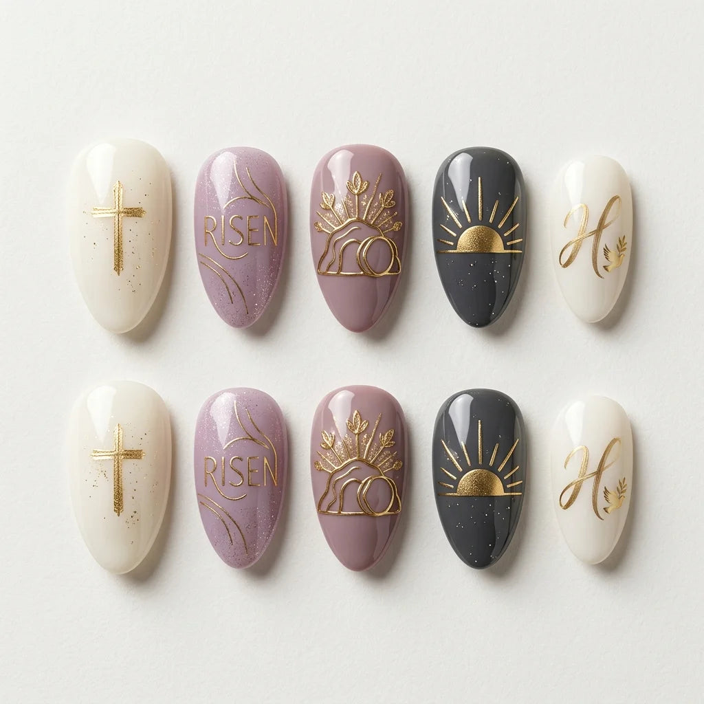 lavender mauve charcoal 3d easter almond press on nails cross sun lettering lifestyle 01