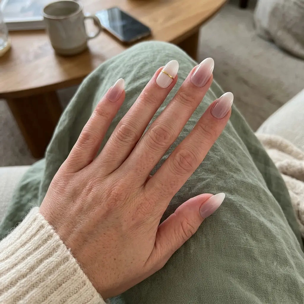 lavender ombre almond press on nails gold stripe minimal lifestyle 01