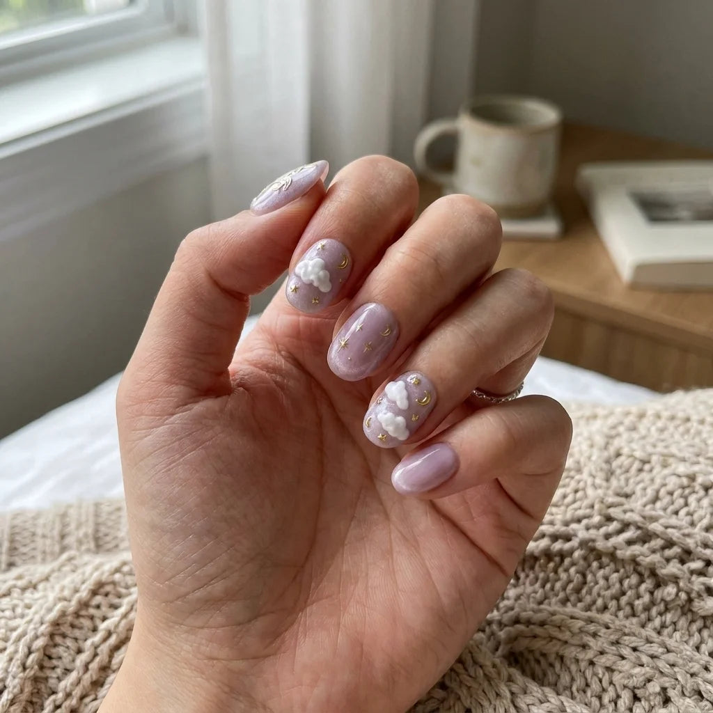 lavender purple 3d cat eye oval press on nails unicorn moon cloud glitter detail 03
